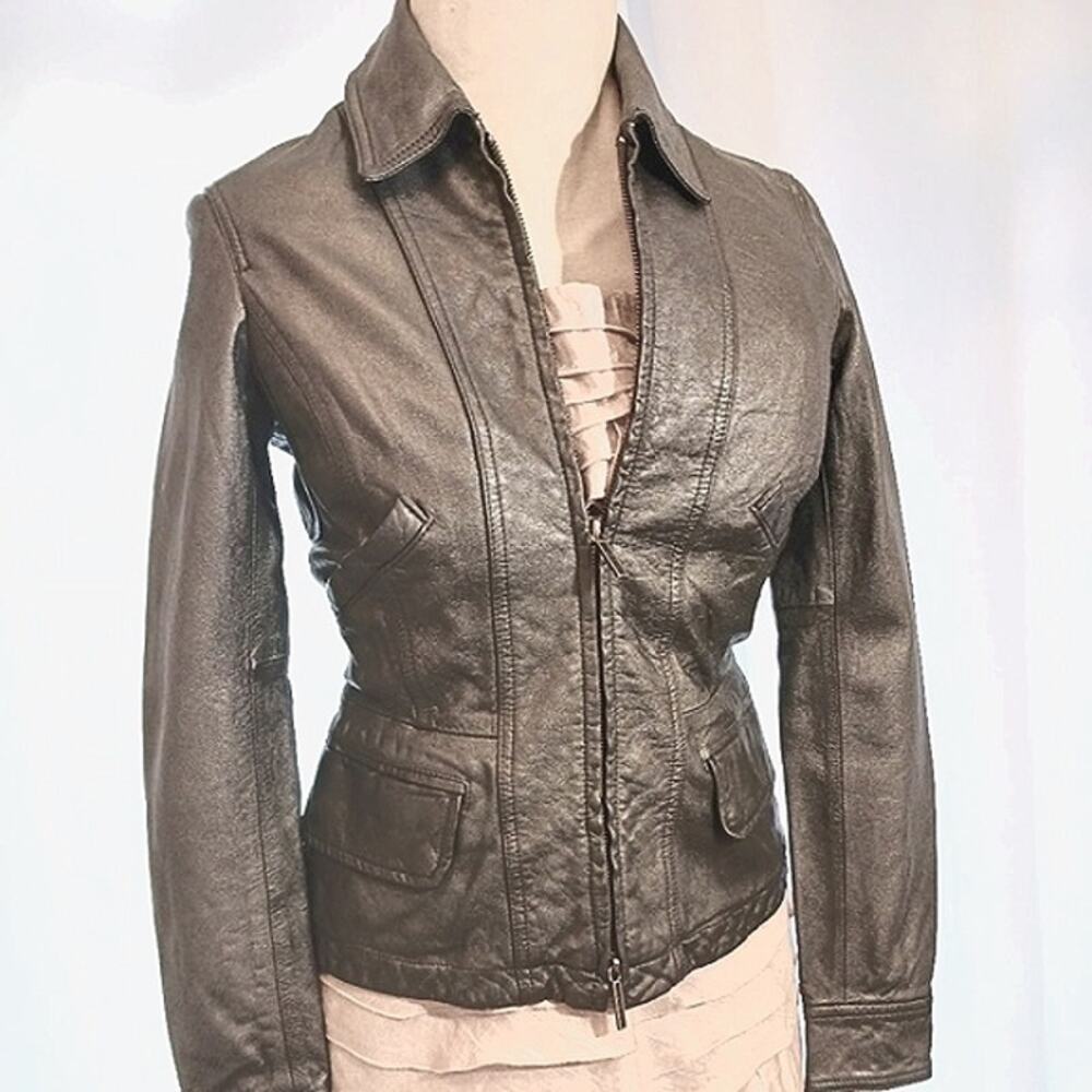 Vince Metallic LEATHER Moto Jacket Sz S Gunmetal Fitted Silhouette Glam was $900